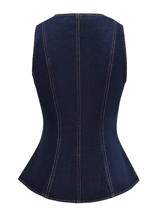 Gilet in denim con bottoni e scollo quadrato blu anni '50