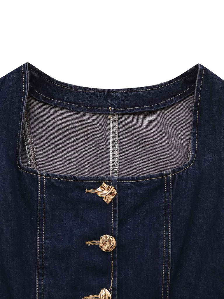 Gilet in denim con bottoni e scollo quadrato blu anni '50