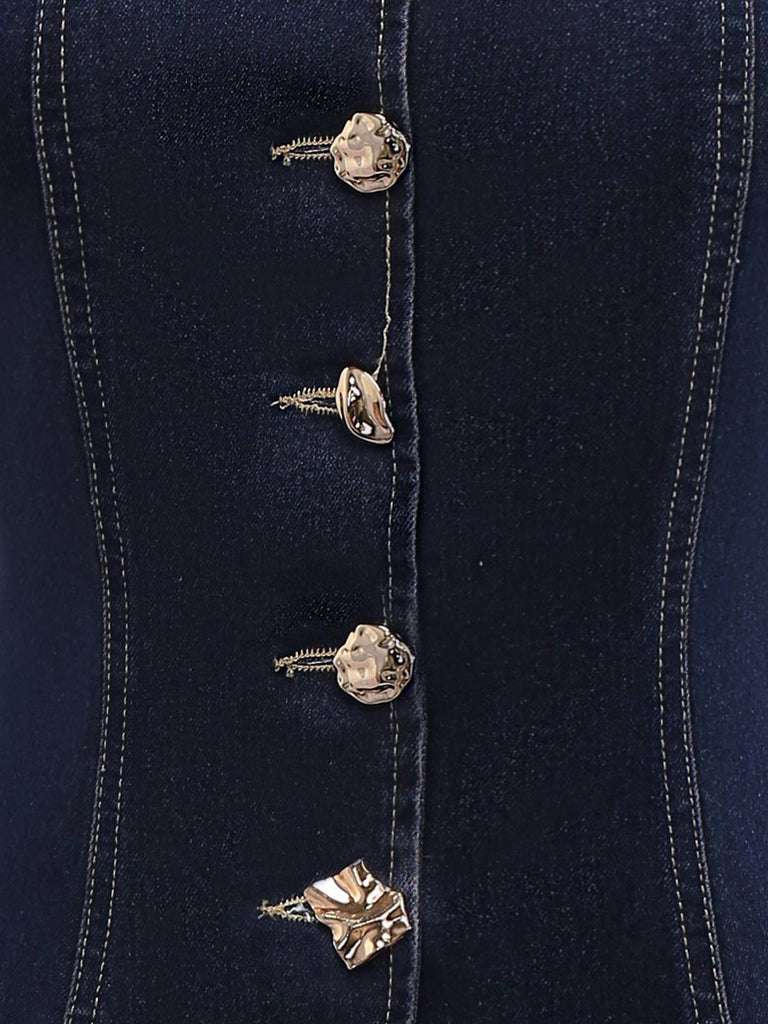 Gilet in denim con bottoni e scollo quadrato blu anni '50