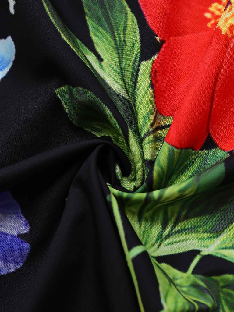 Abito lungo floreale con scollo quadrato nero anni '30