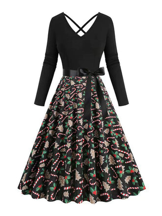 Abito stampa natalizia con scollo a V e schiena incrociata nero anni '50