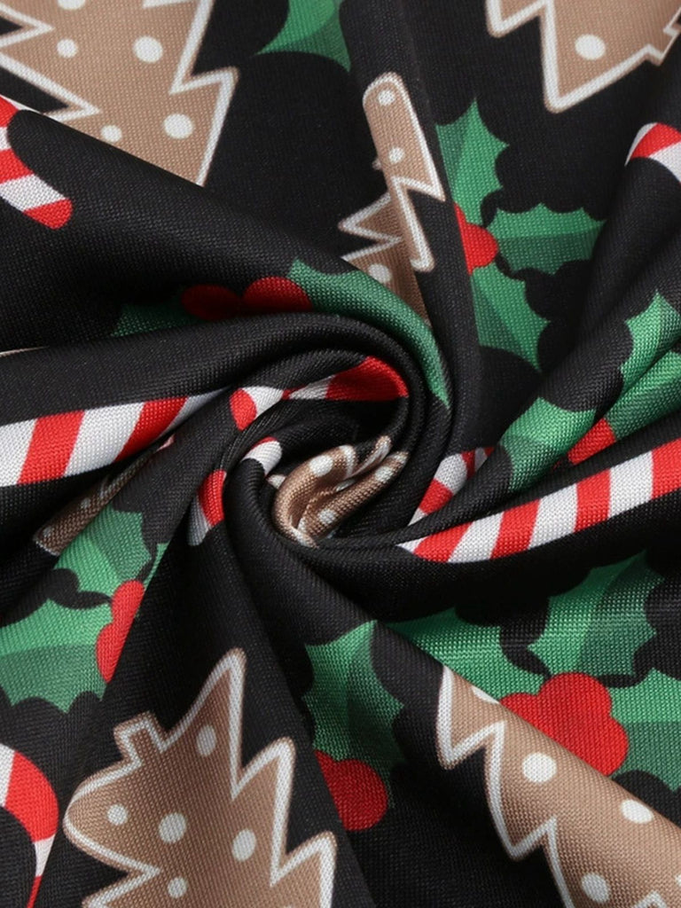 Abito stampa natalizia con scollo a V e schiena incrociata nero anni '50