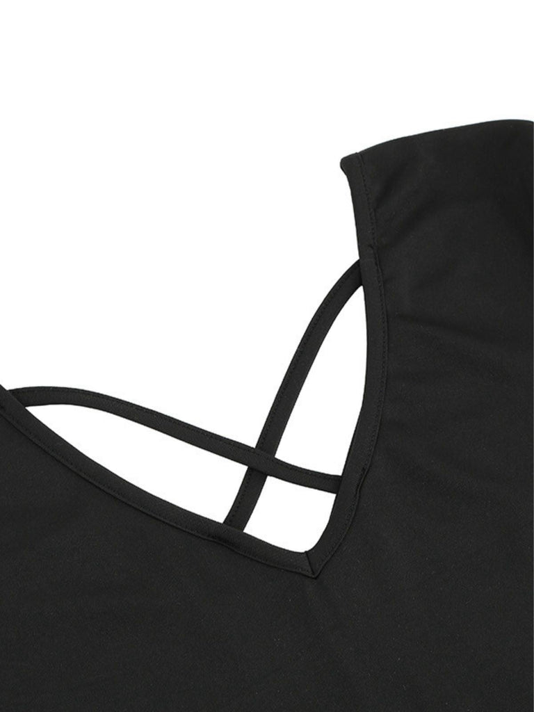 Abito stampa natalizia con scollo a V e schiena incrociata nero anni '50