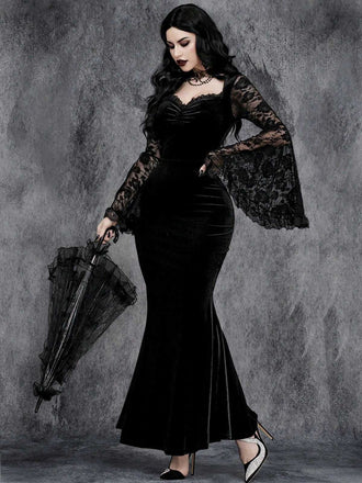Abito a sirena in velluto con maniche in pizzo nero anni '30