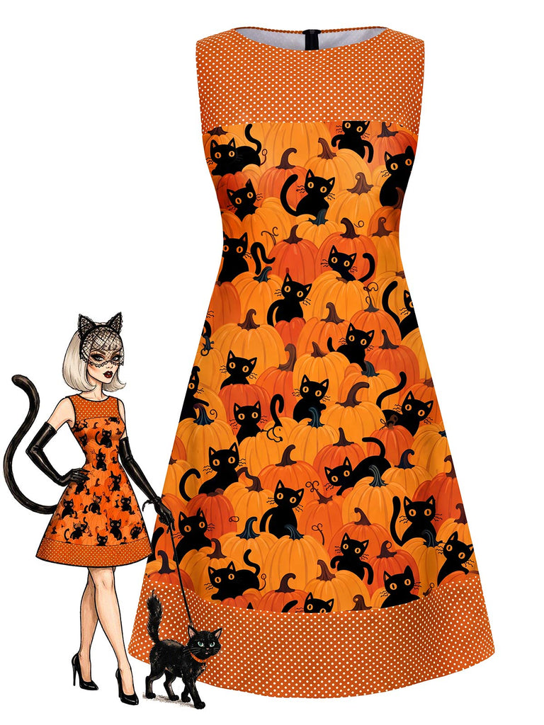 [Prevendita] Abito a Linea A Arancione con Gatto e Zucca Senza Maniche Anni '60