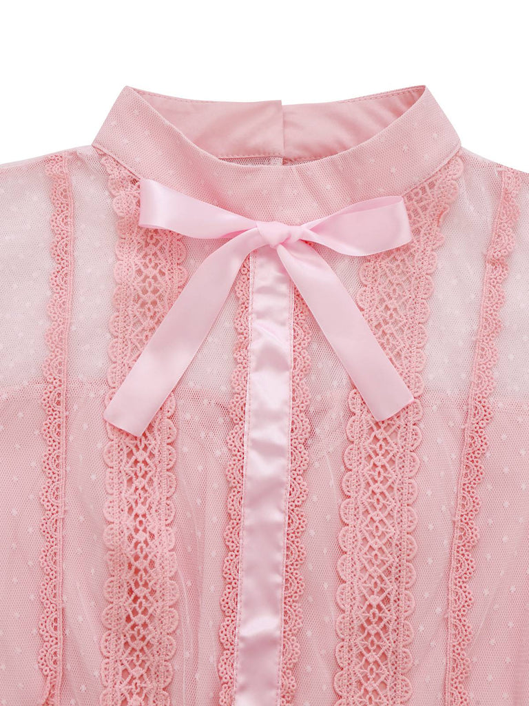 Abito in tulle senza maniche con fiocco in pizzo rosa anni '60