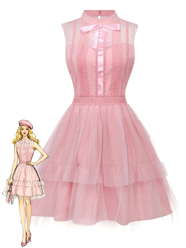 Abito in tulle senza maniche con fiocco in pizzo rosa anni '60