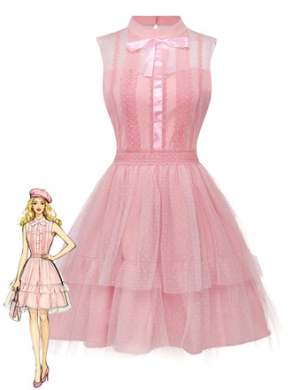 Abito in tulle senza maniche con fiocco in pizzo rosa anni '60