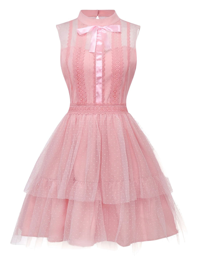 Abito in tulle senza maniche con fiocco in pizzo rosa anni '60