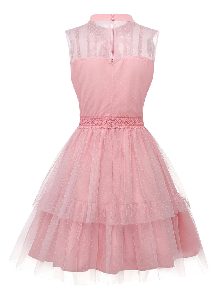 Abito in tulle senza maniche con fiocco in pizzo rosa anni '60