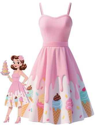 Abito stampa gelato con scollo a cuore rosa anni '50