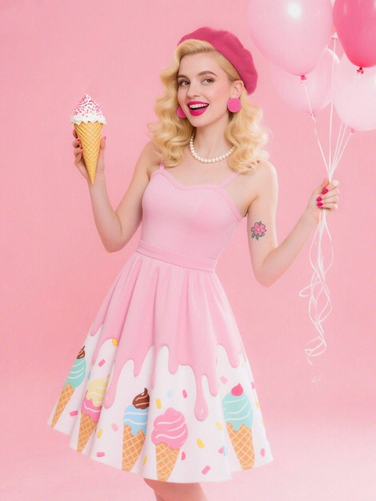 [Prevendita] Abito stampa gelato con scollo a cuore rosa anni '50