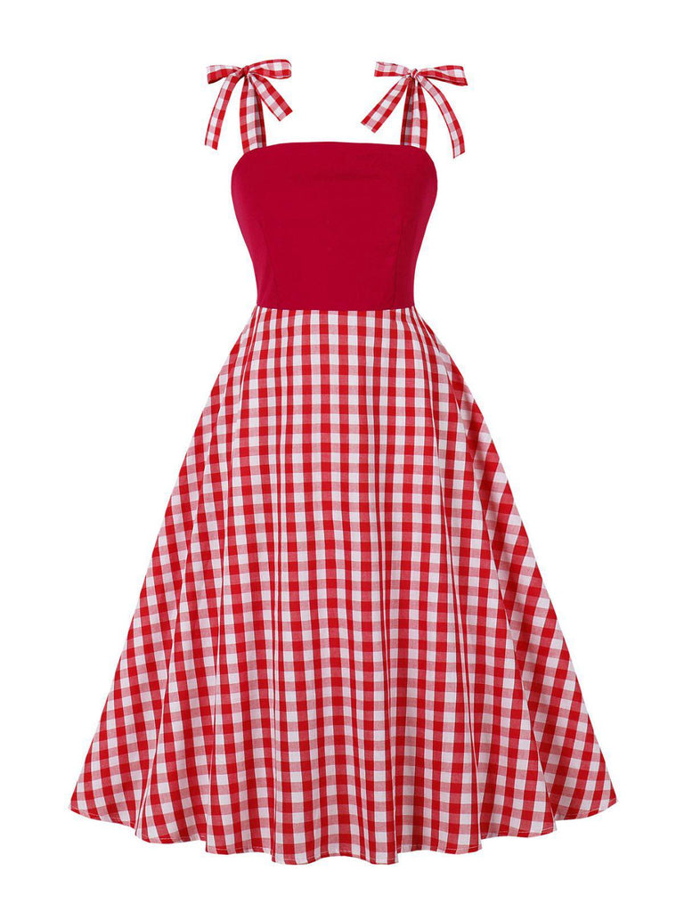 Abito a quadri con lacci sulle spalle rosso anni '50