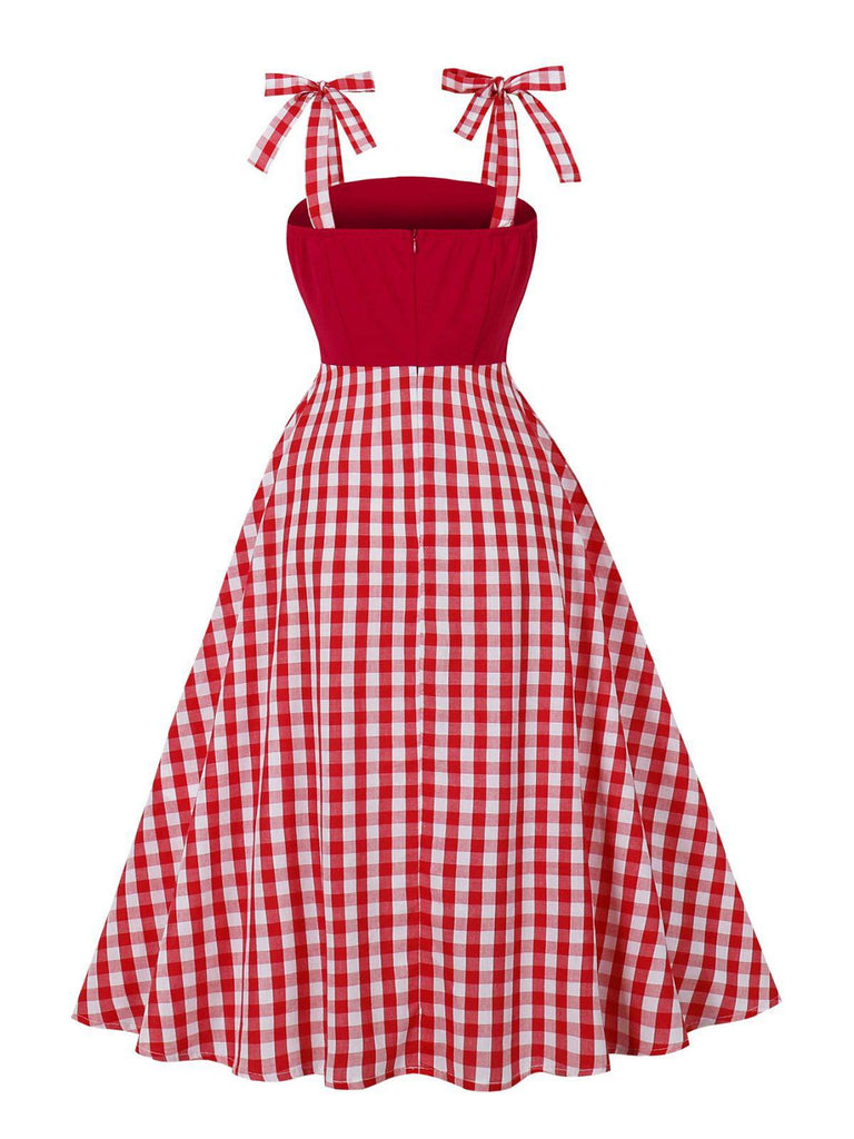 Abito a quadri con lacci sulle spalle rosso anni '50