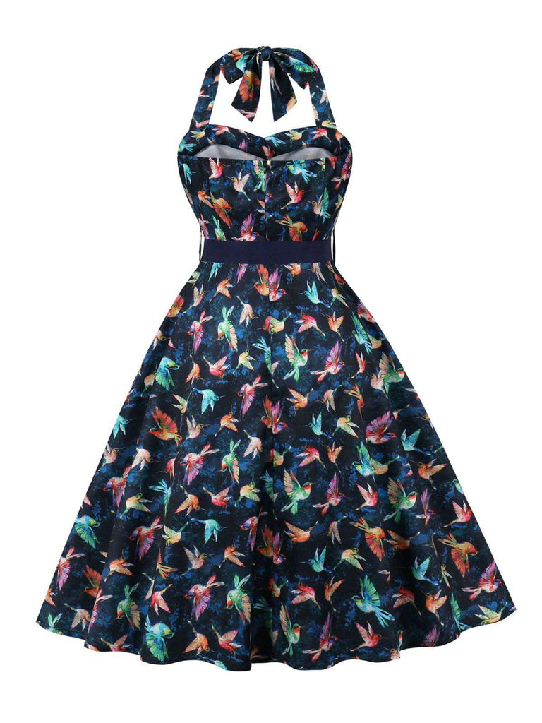 Abito da uccello con scollo all'americana multicolore anni '50