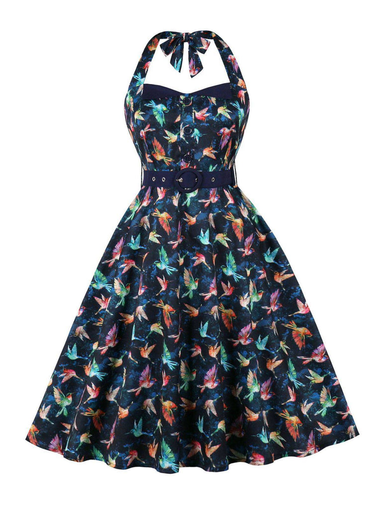 Abito da uccello con scollo all'americana multicolore anni '50