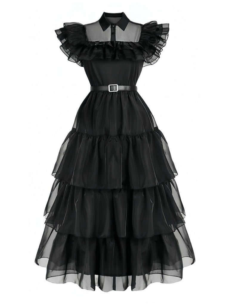 Abito Mercoledì arricciati in organza Halloween nero anni '50