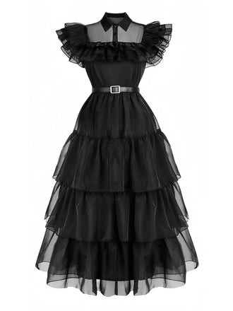 Abito Mercoledì arricciati in organza Halloween nero anni '50
