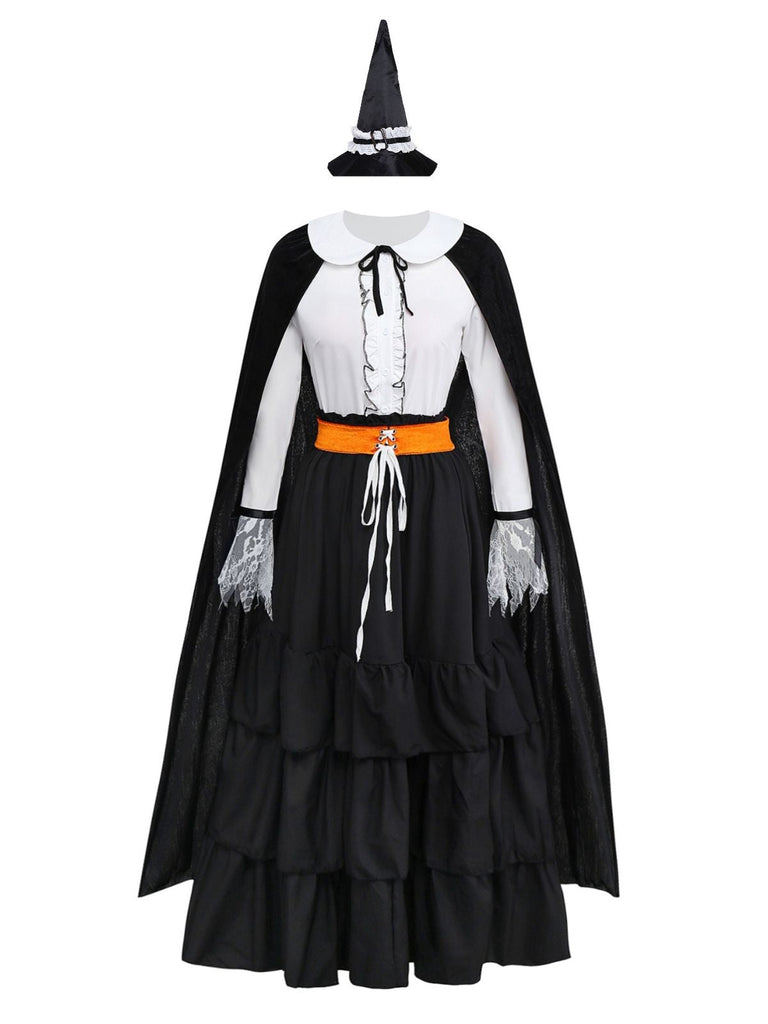 2PCS Camicetta e gonna strega con volant in pizzo nero anni '50
