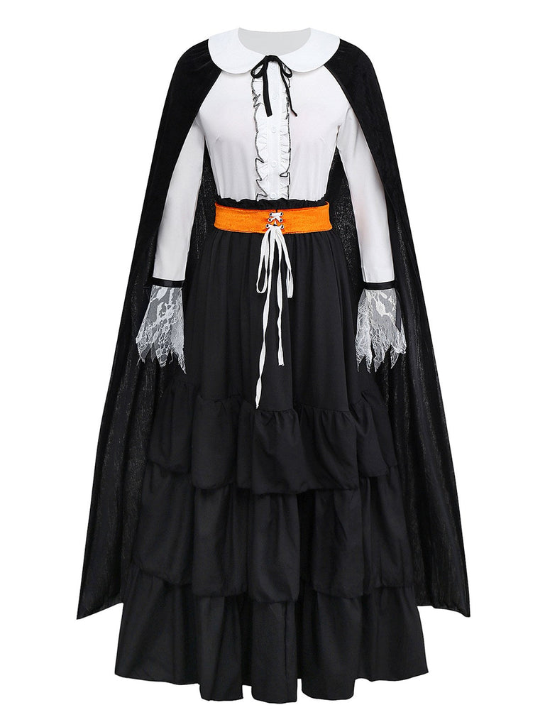 2PCS Camicetta e gonna strega con volant in pizzo nero anni '50