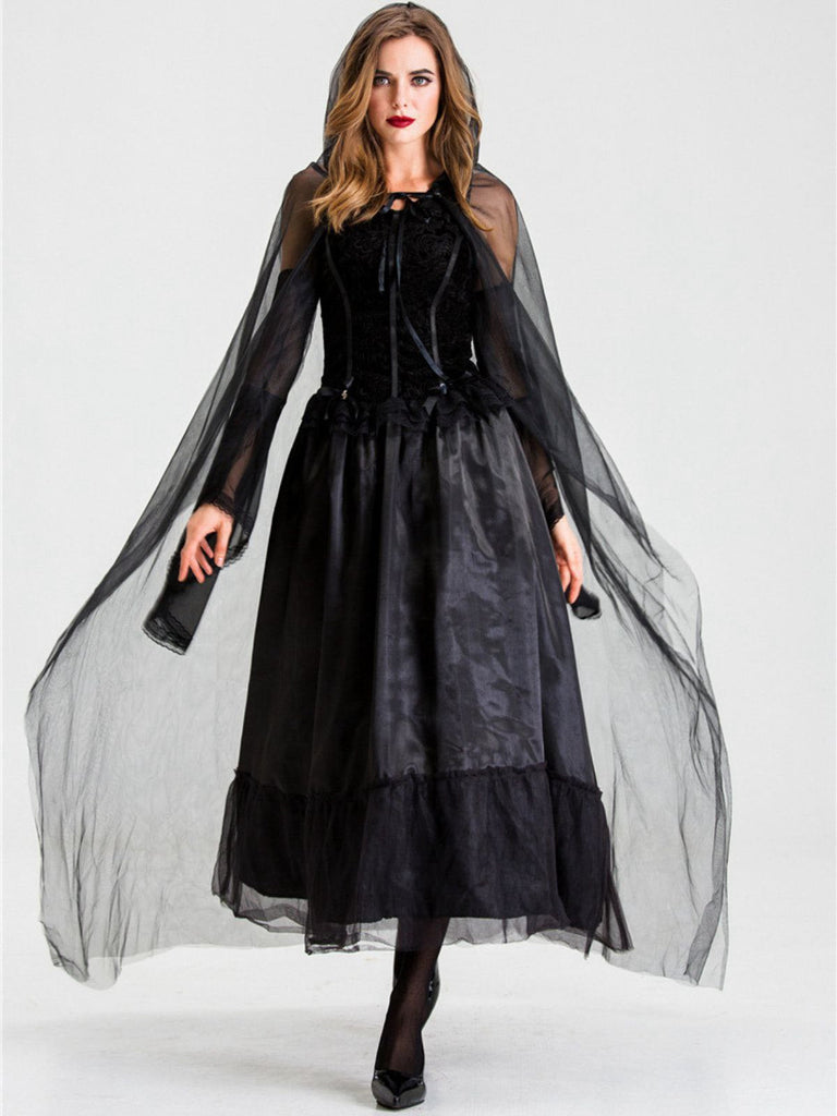 Abito patchwork in rete con mantello Halloween nero anni '80
