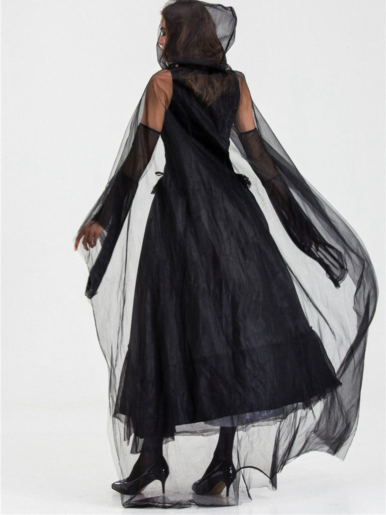 Abito patchwork in rete con mantello Halloween nero anni '80