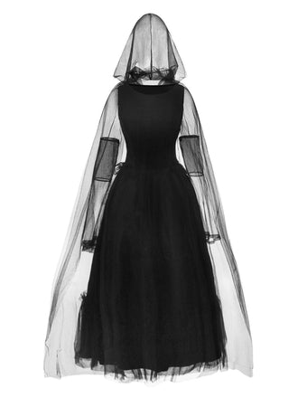 Abito patchwork in rete con mantello Halloween nero anni '80