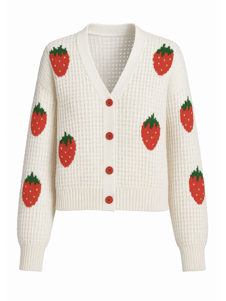 Cardigan in maglia con spalle cadenti e fragole beige anni '50