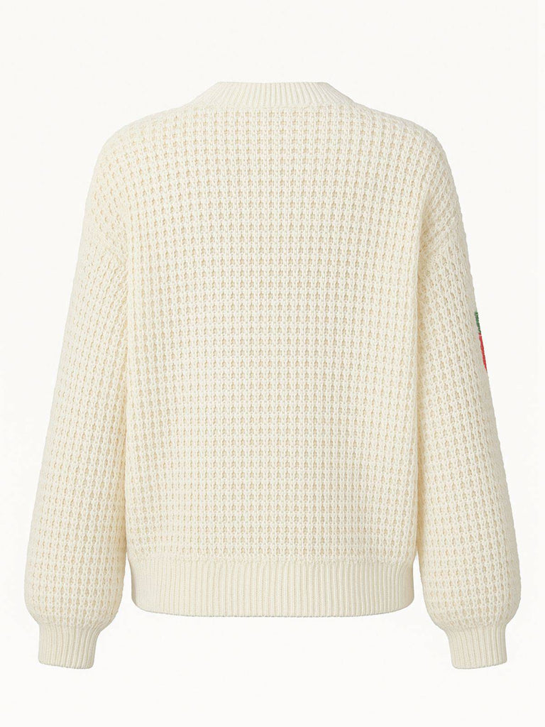 Cardigan in maglia con spalle cadenti e fragole beige anni '50