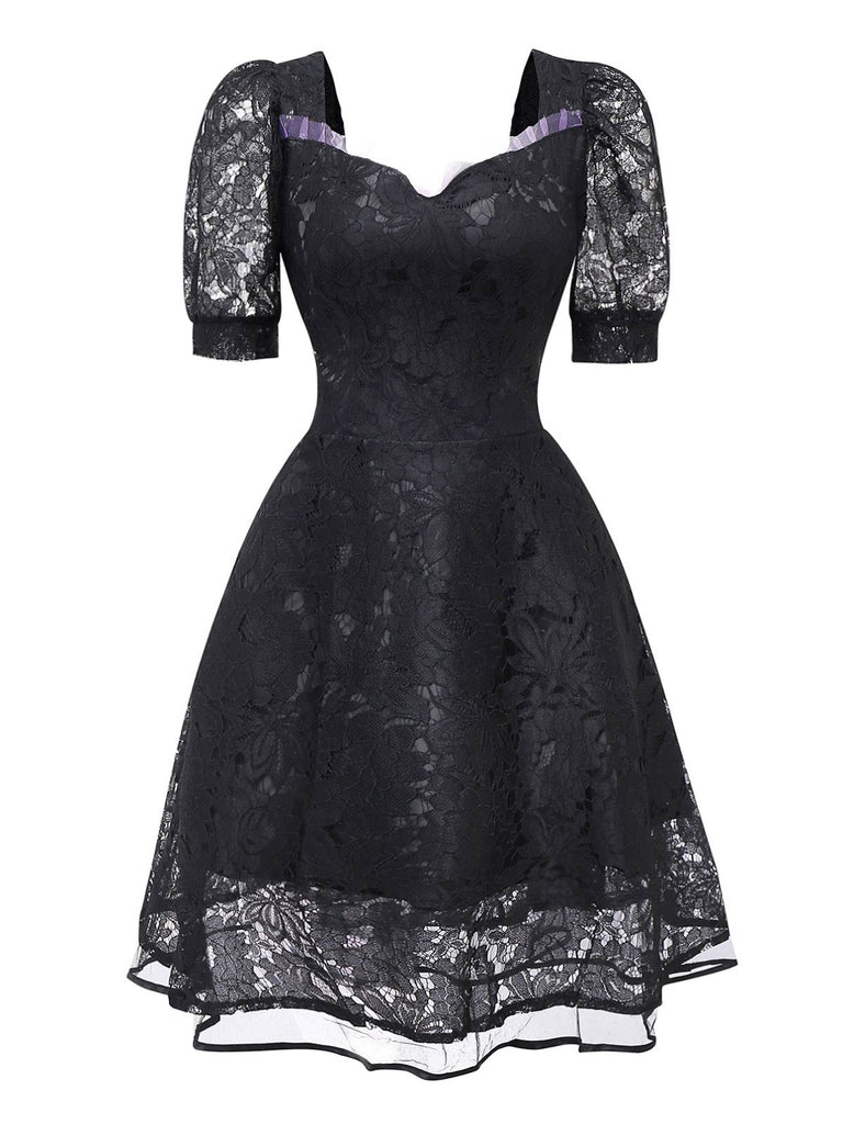 Abito da sposa strega gotica in pizzo ricamato nero anni '50