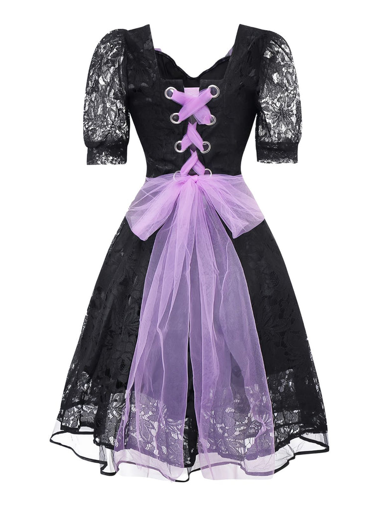 Abito da sposa strega gotica in pizzo ricamato nero anni '50