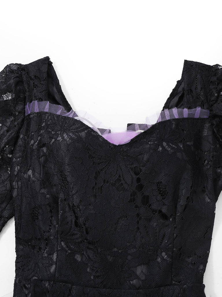Abito da sposa strega gotica in pizzo ricamato nero anni '50