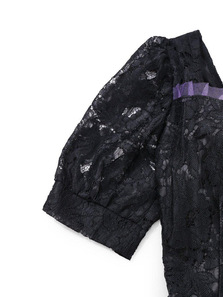 Abito da sposa strega gotica in pizzo ricamato nero anni '50