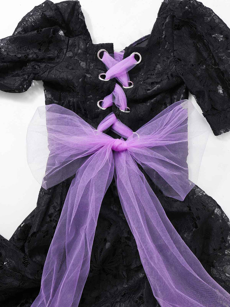 Abito da sposa strega gotica in pizzo ricamato nero anni '50