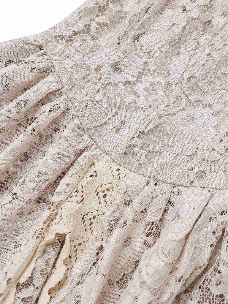 Completo abito da sposa vampiro in pizzo beige anni '30