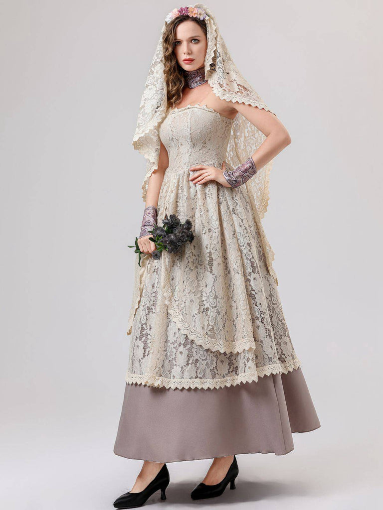 Completo abito da sposa vampiro in pizzo beige anni '30