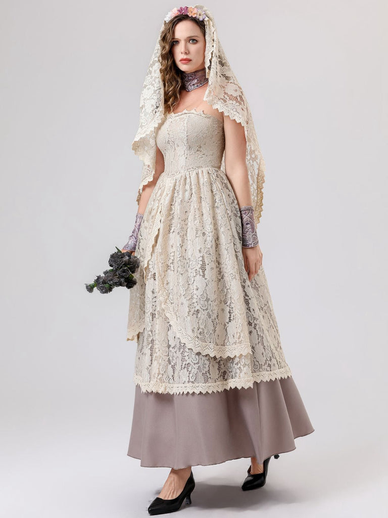 Completo abito da sposa vampiro in pizzo beige anni '30
