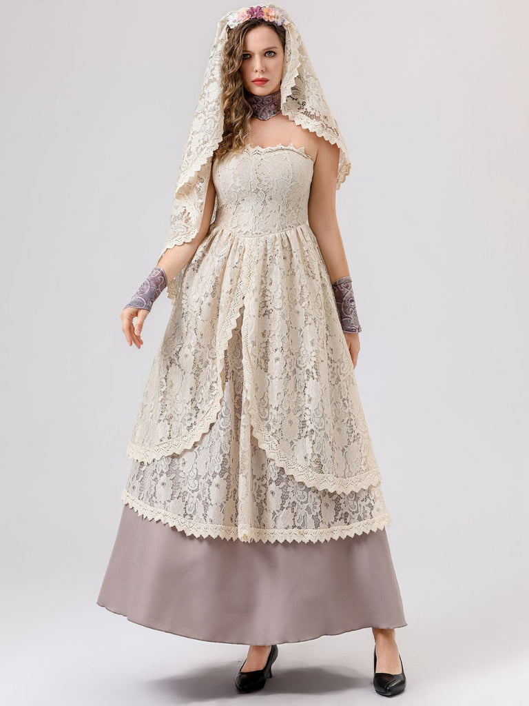 Completo abito da sposa vampiro in pizzo beige anni '30