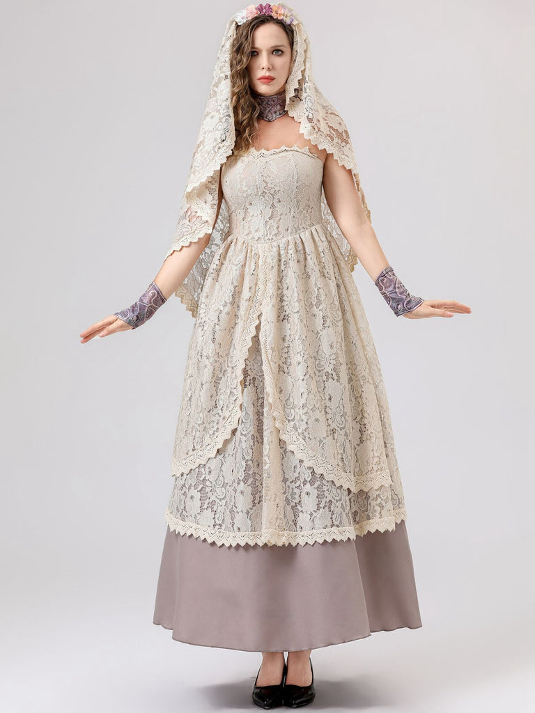 Completo abito da sposa vampiro in pizzo beige anni '30