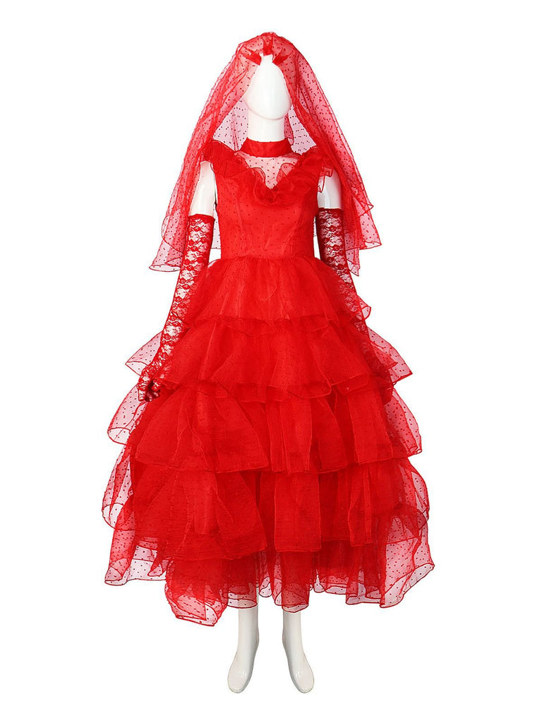 Completo abito a pois sposa fantasma Halloween rosso anni '50