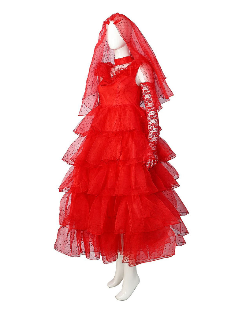 Completo abito a pois sposa fantasma Halloween rosso anni '50