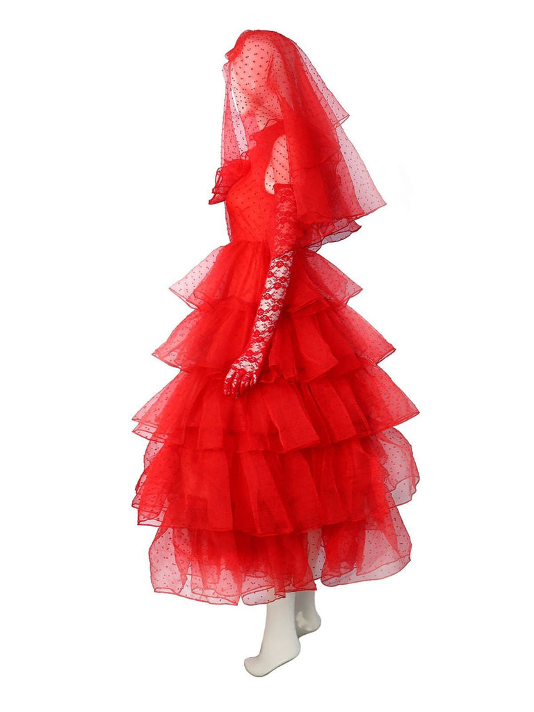 Completo abito a pois sposa fantasma Halloween rosso anni '50