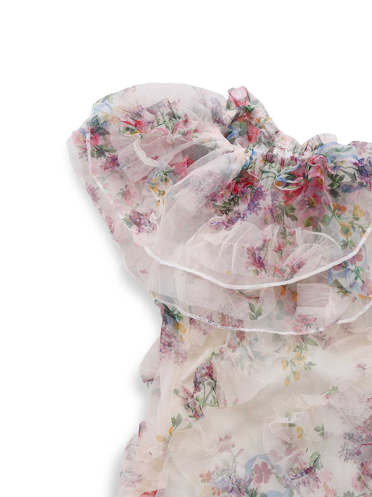 Abito lungo in rete floreale con spalle scoperte multicolore anni '30