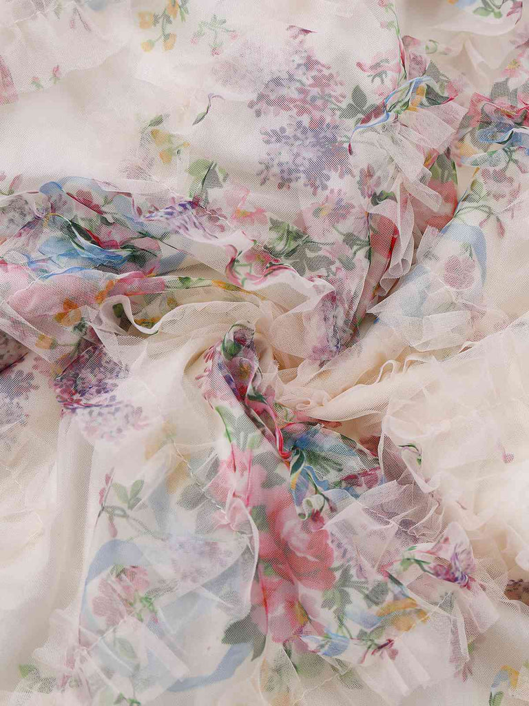 Abito lungo in rete floreale con spalle scoperte multicolore anni '30