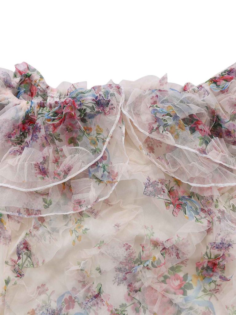 Abito lungo in rete floreale con spalle scoperte multicolore anni '30