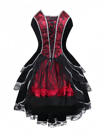 Abito in pizzo senza spalline con orlo asimmetrico rosso anni '70