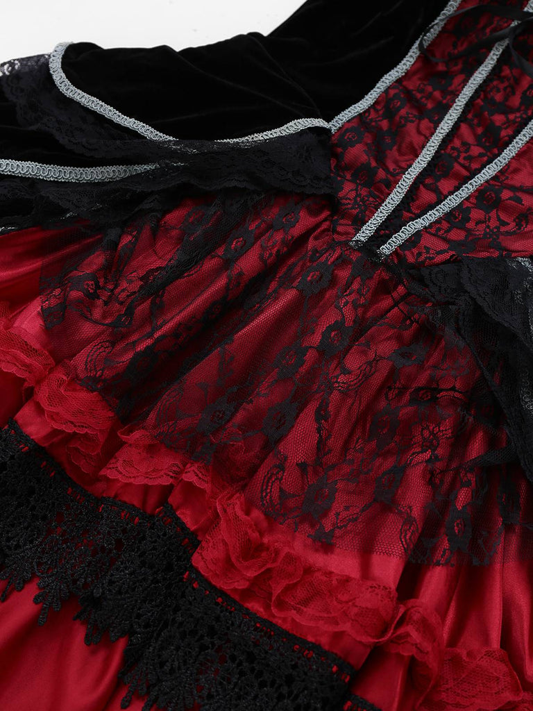 Abito in pizzo senza spalline con orlo asimmetrico rosso anni '70