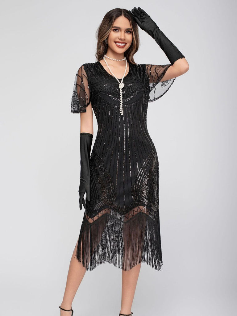 Abito Charleston nappe in paillettes  con scollo a barchetta anni '20