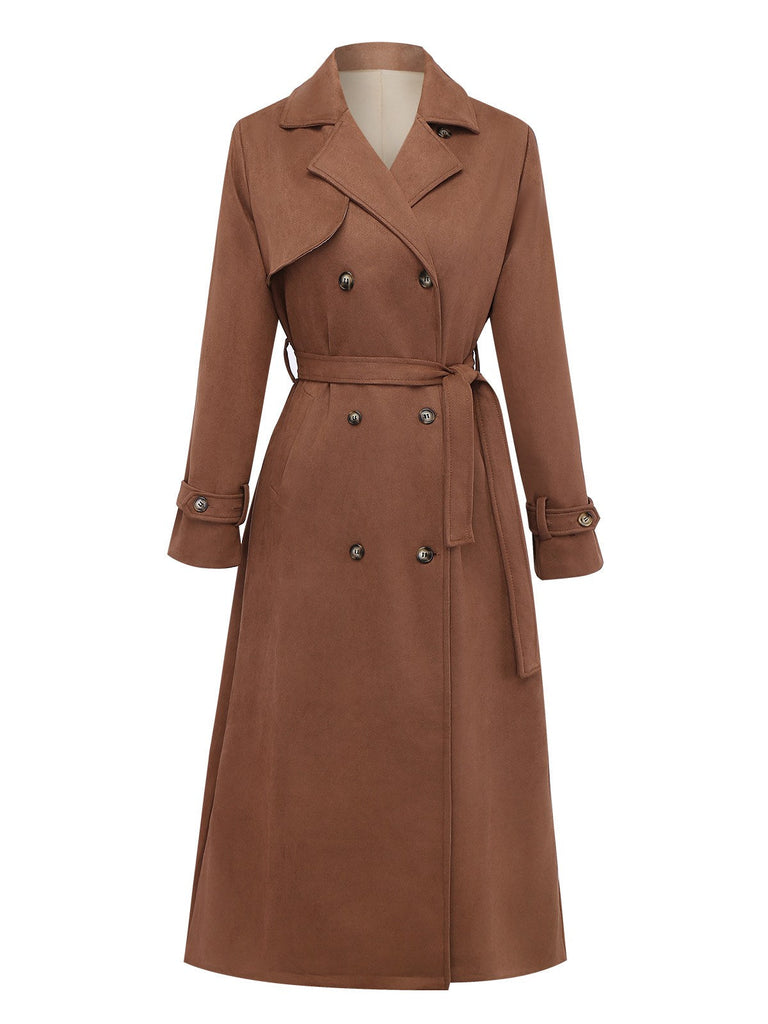 Cappotto doppiopetto in pelle scamosciata con revers marrone anni '50