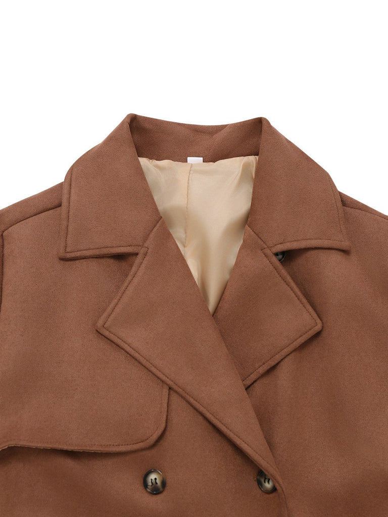Cappotto doppiopetto in pelle scamosciata con revers marrone anni '50